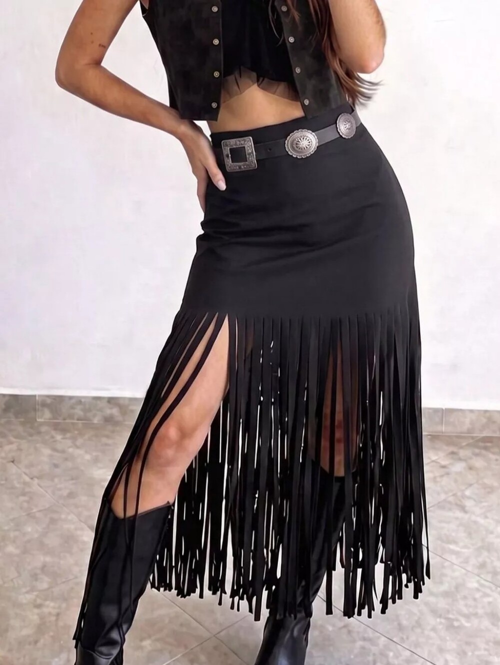 High-Waisted Fringe Midi Skirt